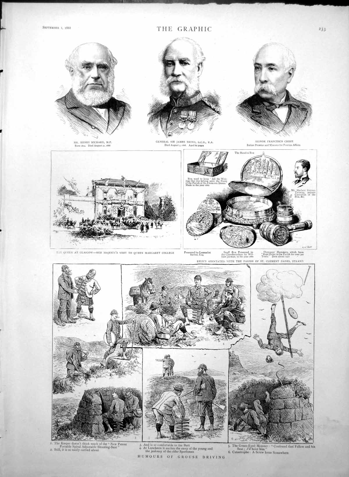 Antique Old Print Grouse Driving Queen Margaret College Glasgow Queen 1888 19th