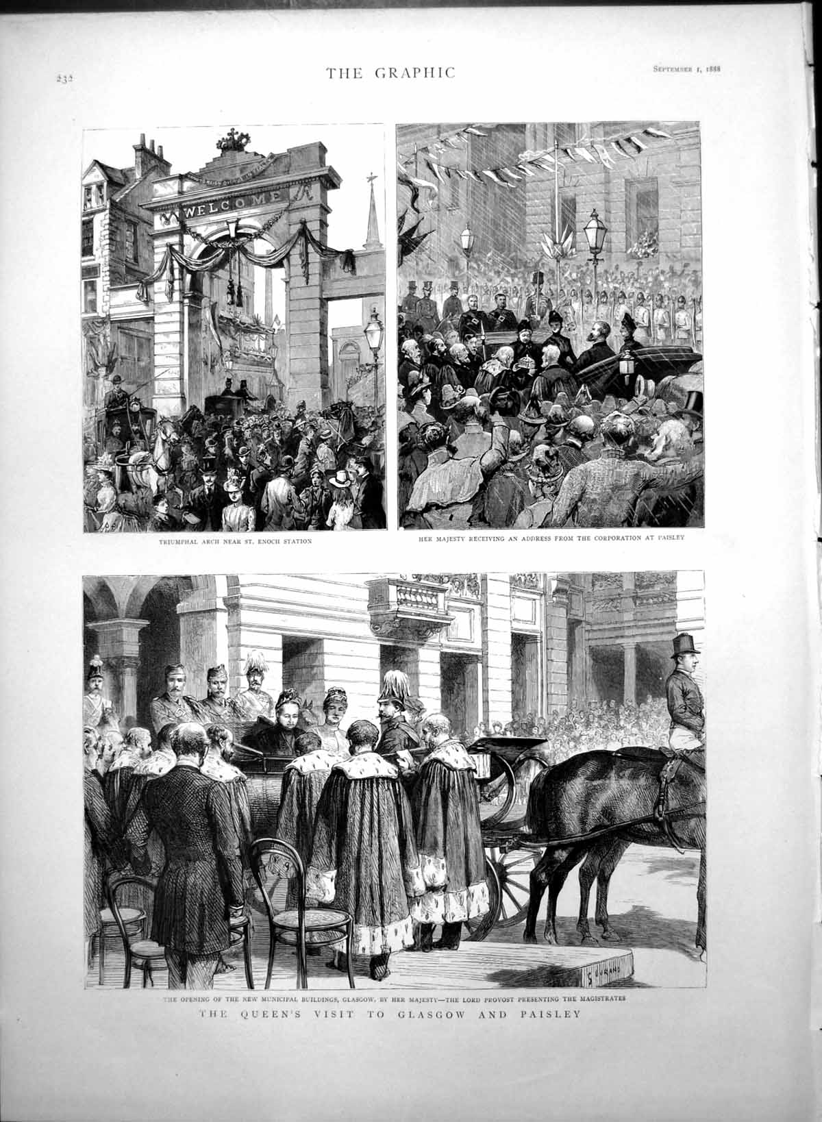 Antique Old Print Queens Visit Glasgow Municipal Buildings Arch St Enoch 1888