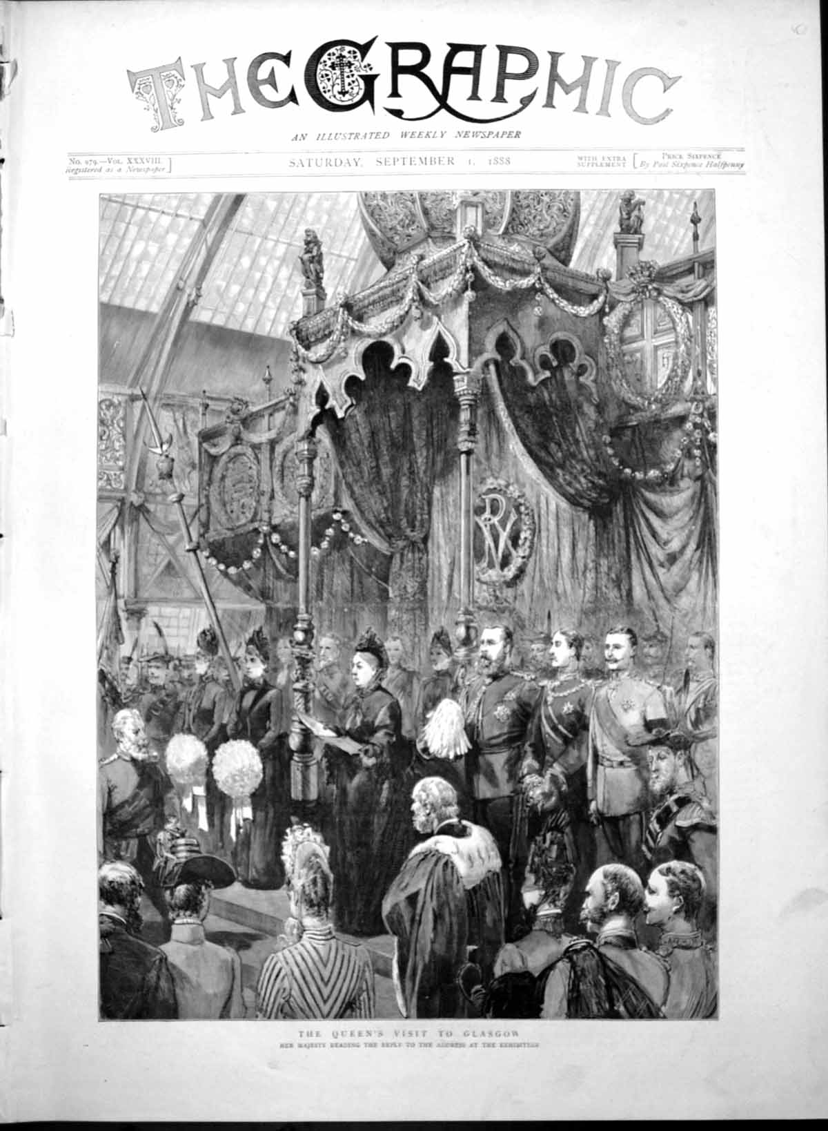 Antique Old Print Queens Visit Glasgow Reading Reply Address Exhibition 1888