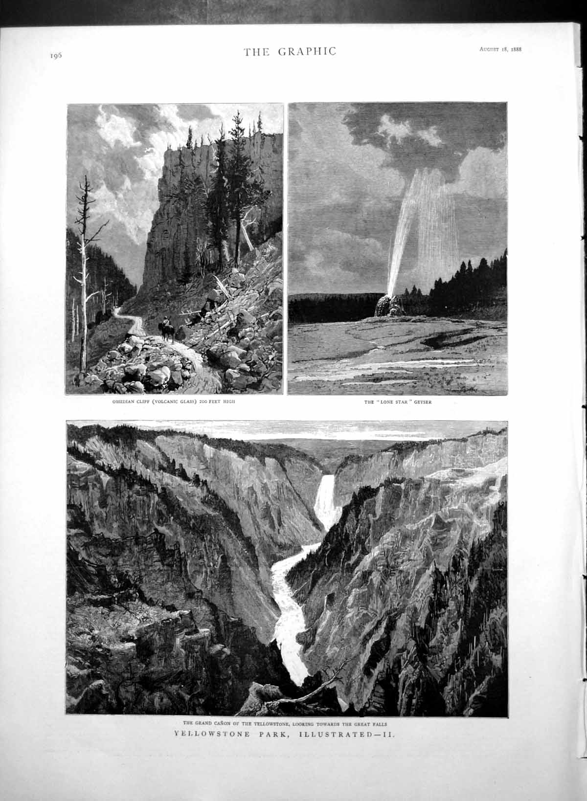Antique Print Yellowstone Park Grand Caon Great Falls Lone Star Geyser 1888