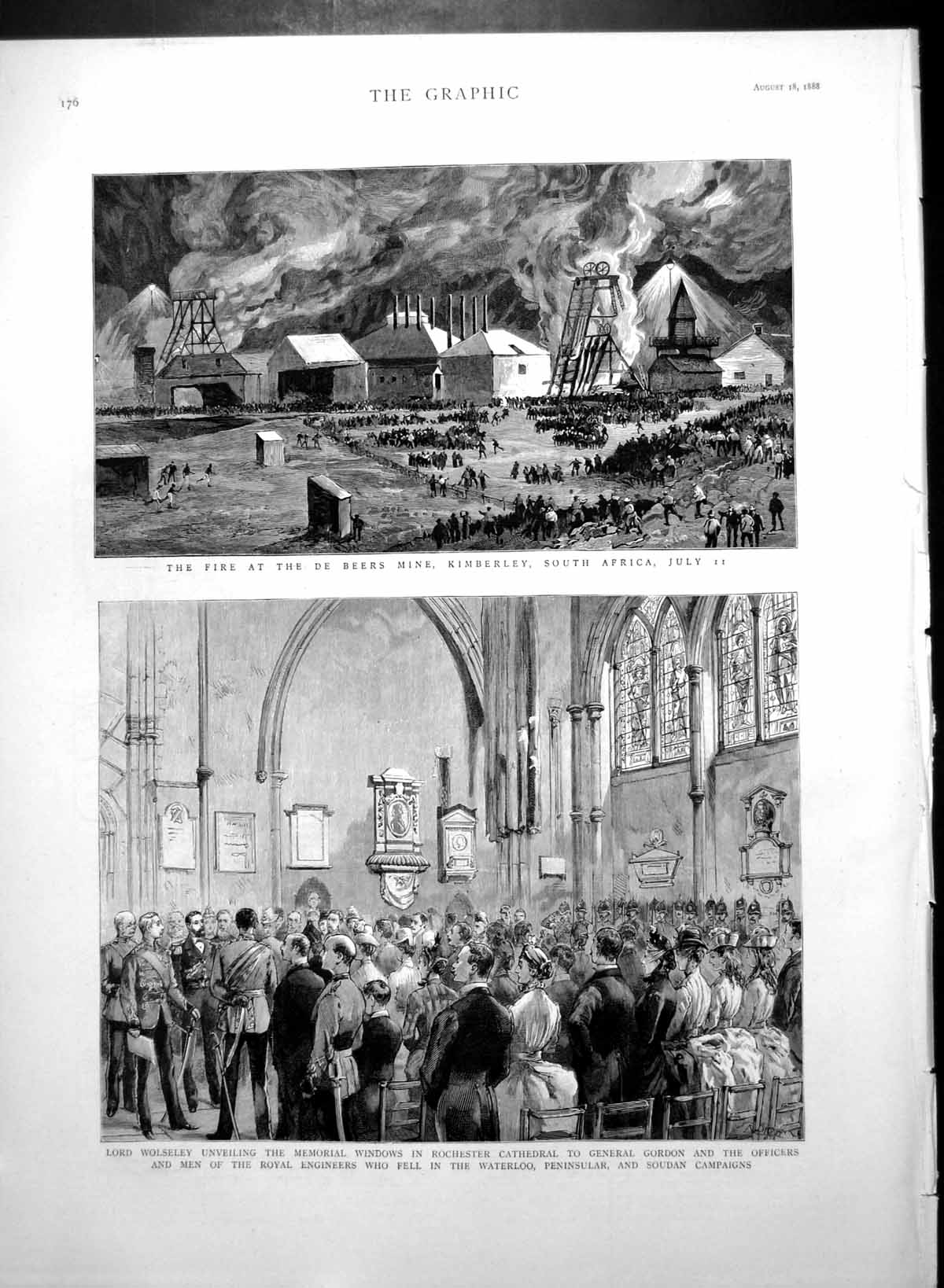 Old Print Fire De Beers Mine Kimberley Lord Wolseley Rochester Cath 1888 19th