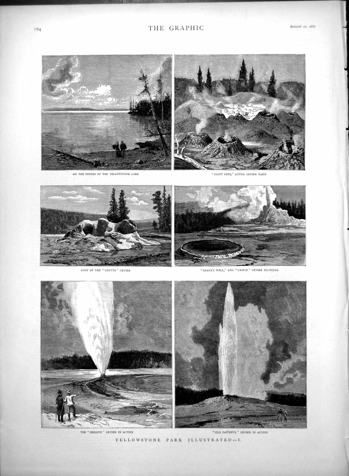 Original Old Antique Print Yellowstone Park Geysers Castle Grotto Faithful 1888