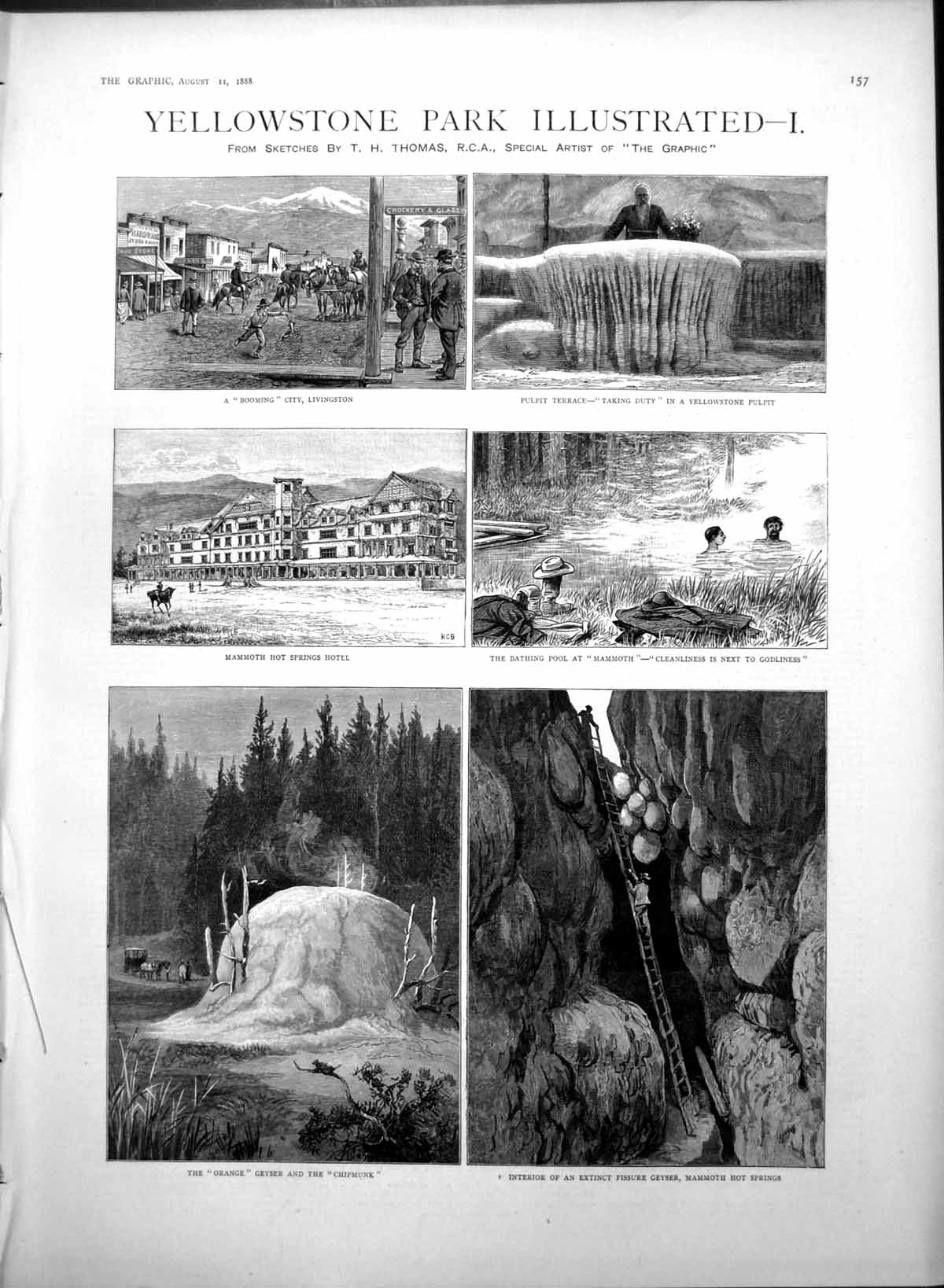 Antique Old Print Yellowstone Park Hot Springs Hotel Livingston Orange 1888