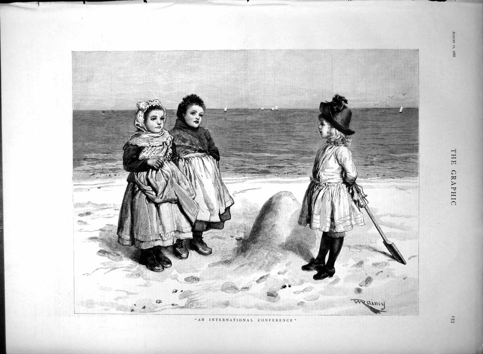 Antique Old Print International Conference W RaineyYoung Girls Beach 1888