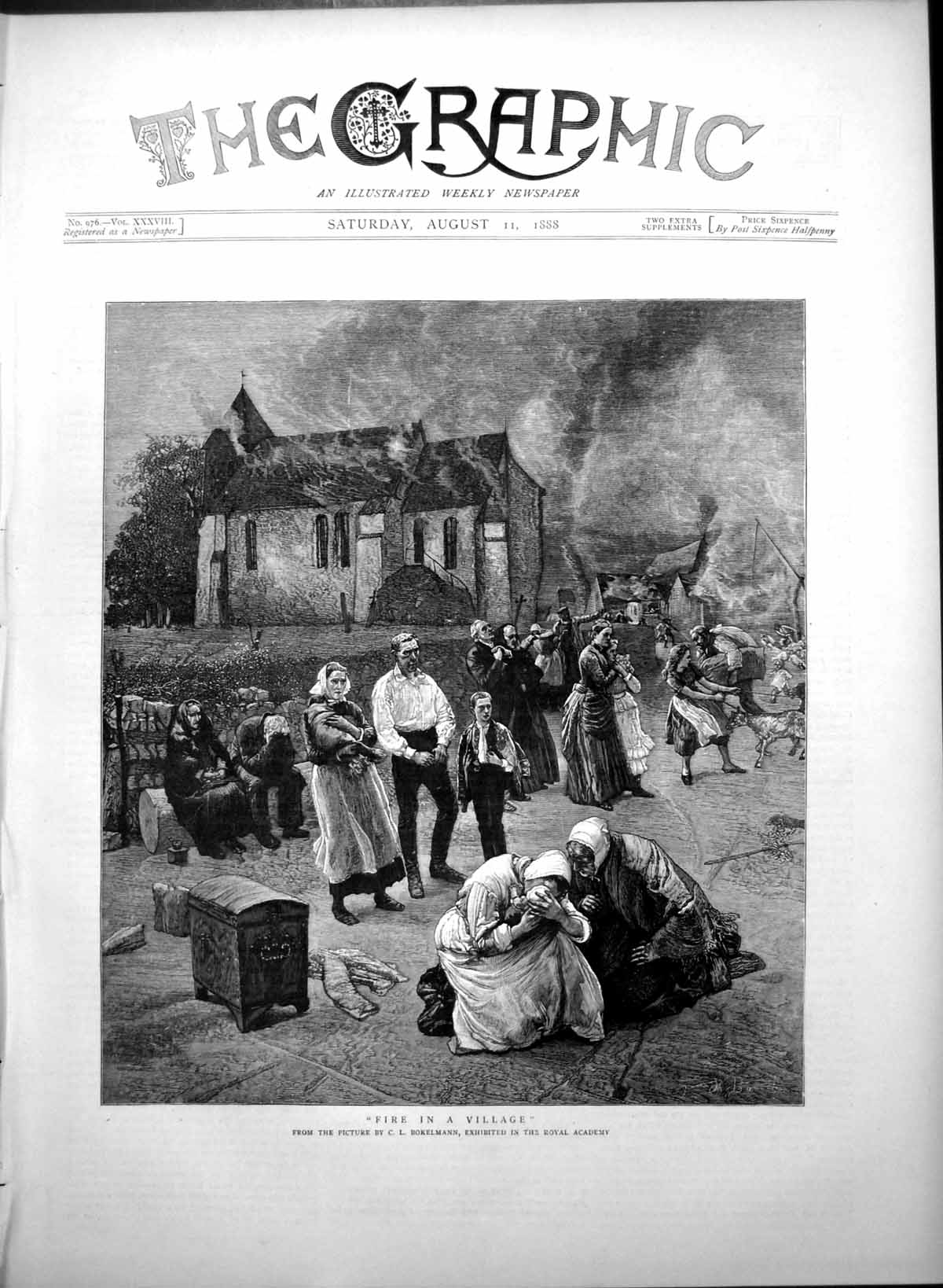 Old Antique Print Fire Village C Bokelmann Exhibited Royal Academy 1888 19th