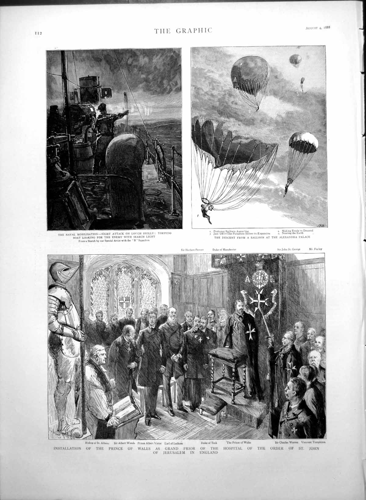 Antique Old Print Prince Wales Prior Hospital St John Jerusalem Balloon 1888