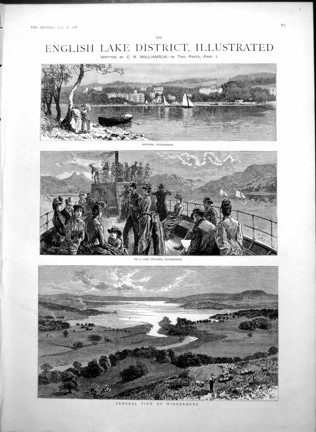 Antique Old Print English Lake District Windermere Bowness Lake Steamer 1888