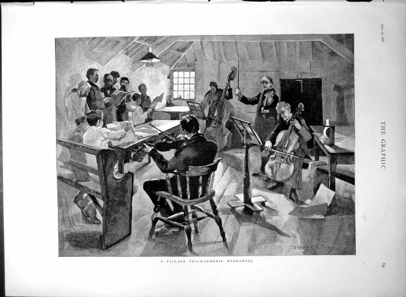 Antique Print Village Philharmonic Rehearsal Fiddles Double Base Choir 1888
