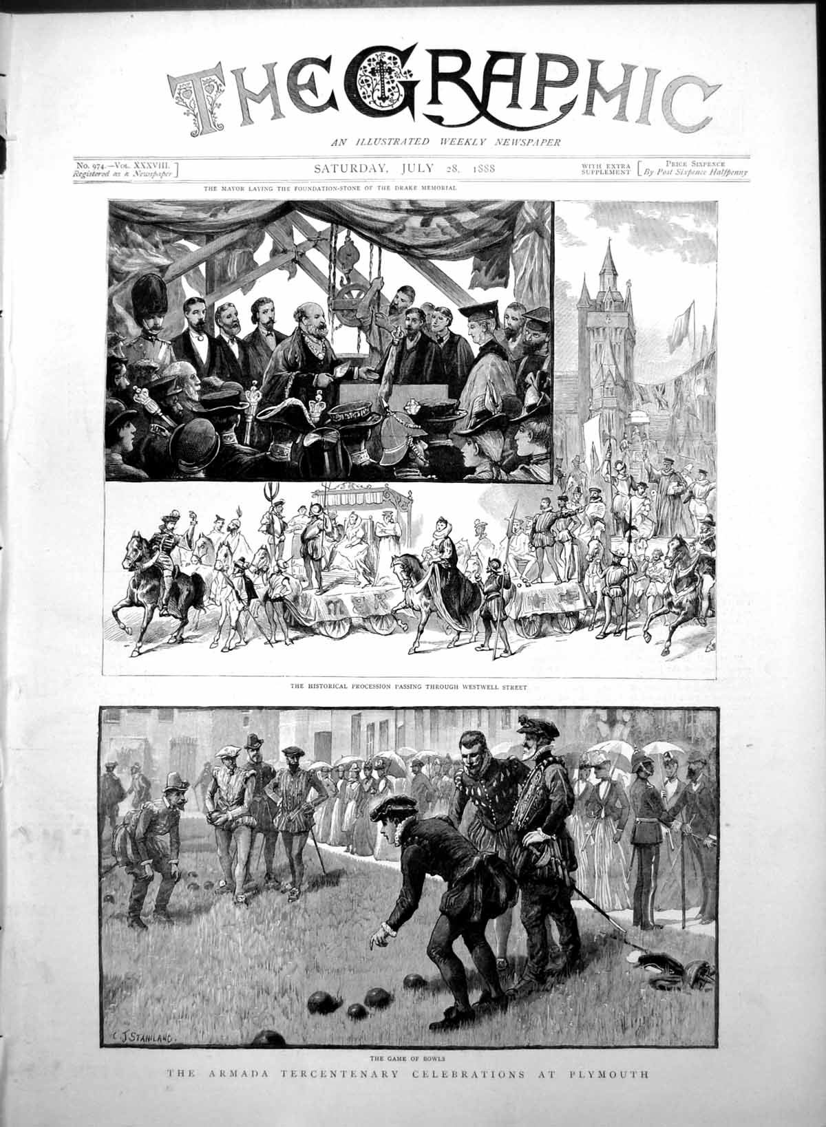 Antique Old Print Armada Tercentenary Celebrations Plymouth Westwell St 1888