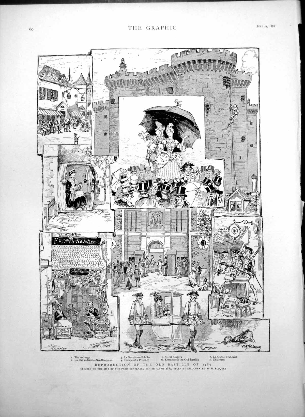 Old Antique Print Reproduction Bastille 1789 Auberge Street Singers 1888 18th