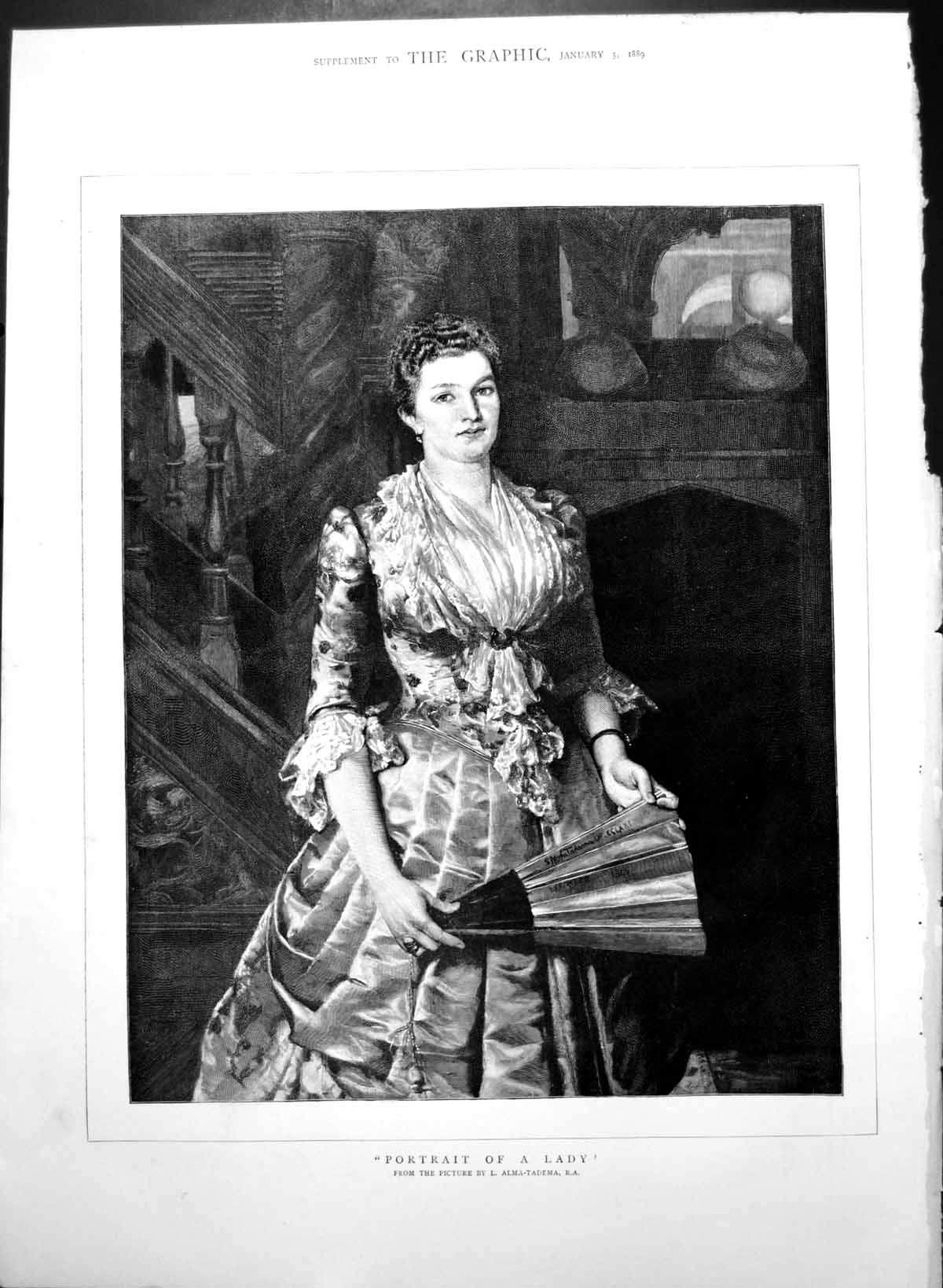 Antique Old Print Portrait Lady L Alma-Tadema R A Cyrly Hair Hing Fan 1889 19th