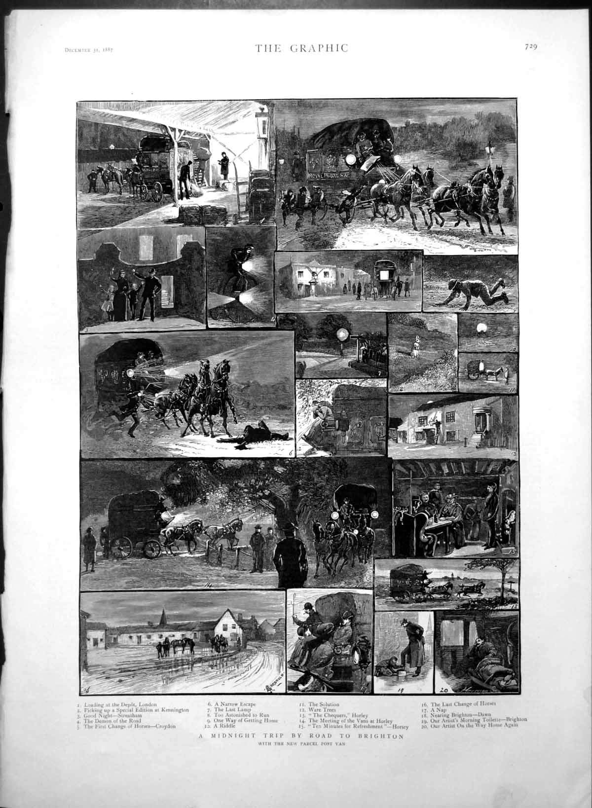 Antique Print Midnight Trip Road Brighton Depot London Horses Croydon 1887 19th