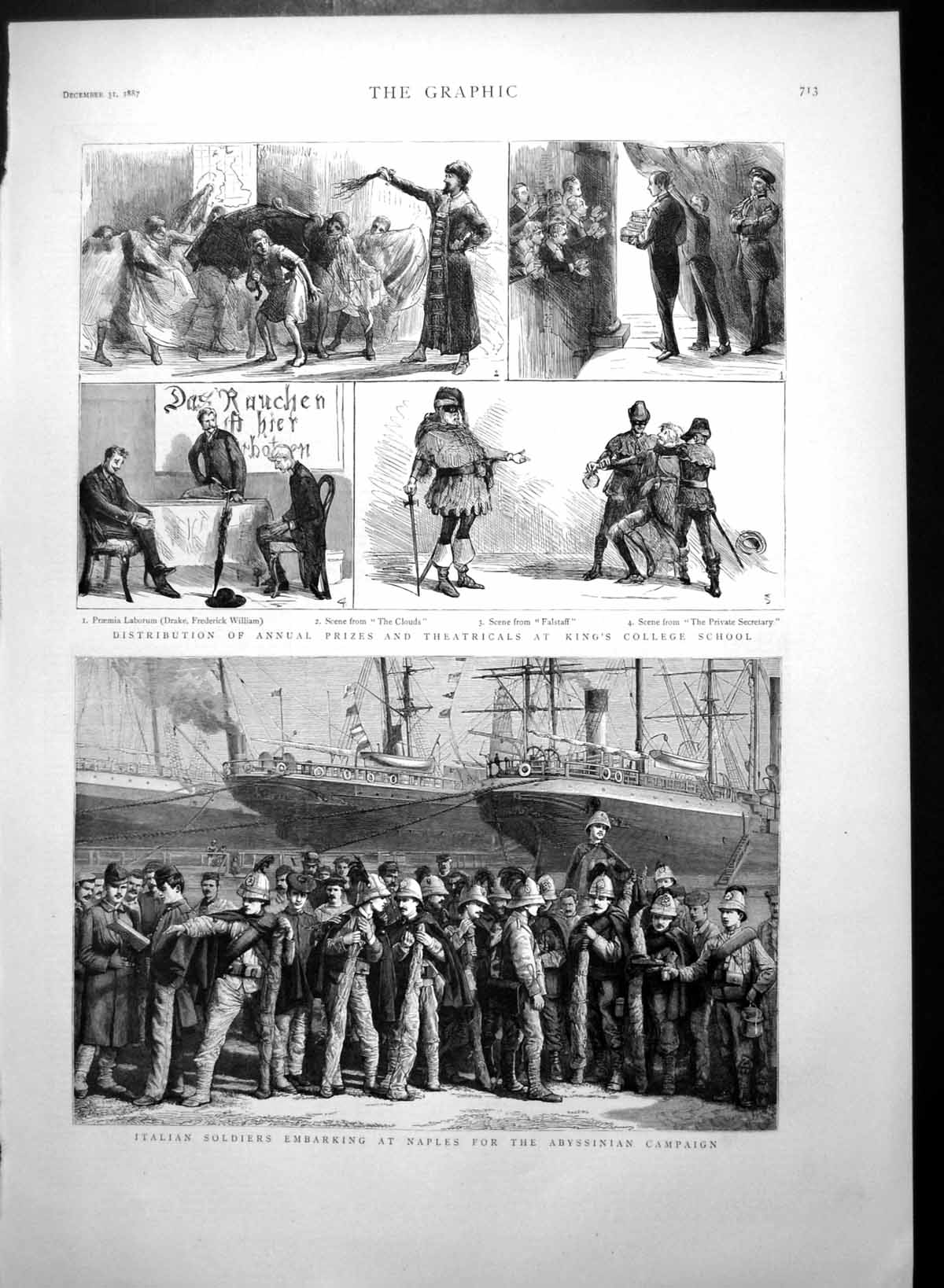 Old Print Italian Siers Embark Naples Abyssinia Prizes Kings College 188 19th