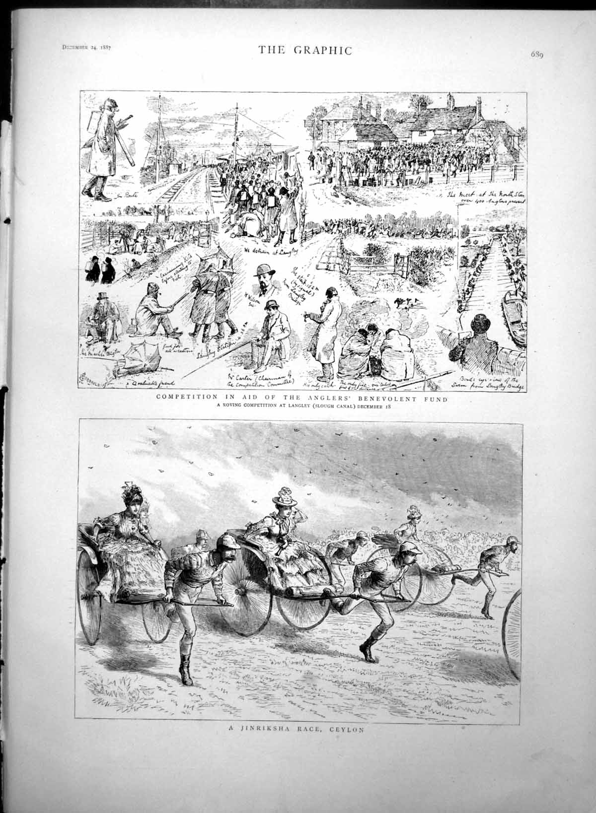 Old Print Jinriksha Race Ceylon Competition Anglers Benevolent Fund 1887 19th
