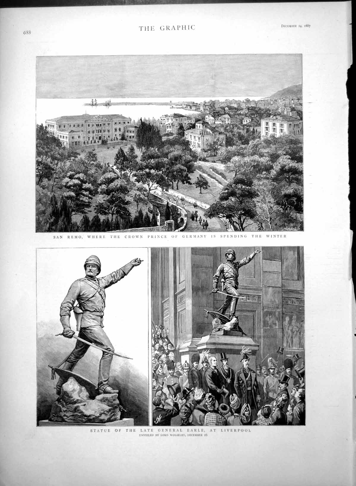 Antique Old Print Statue General Earle Liverpool San Remo Prince Germany 1887