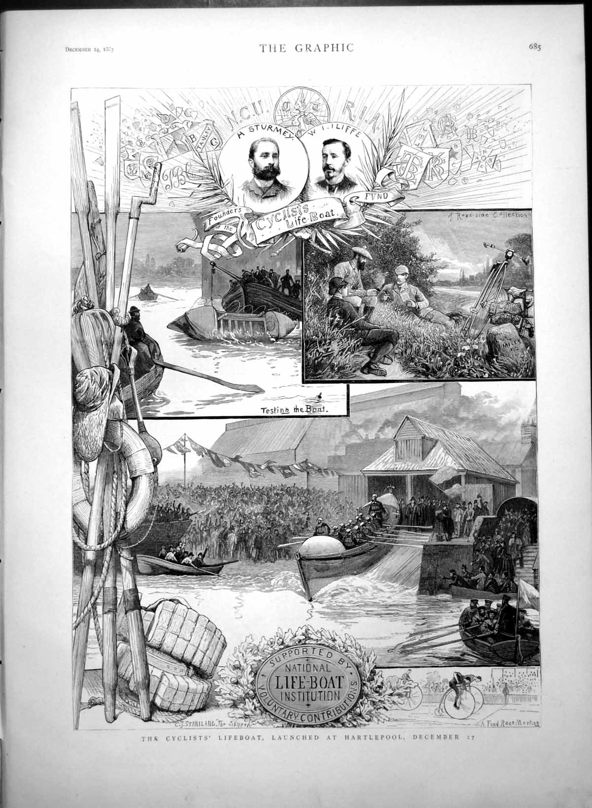 Old Antique Print Cyclists Lifeboat Launched Hartlepool Testing Boat 1887 19th