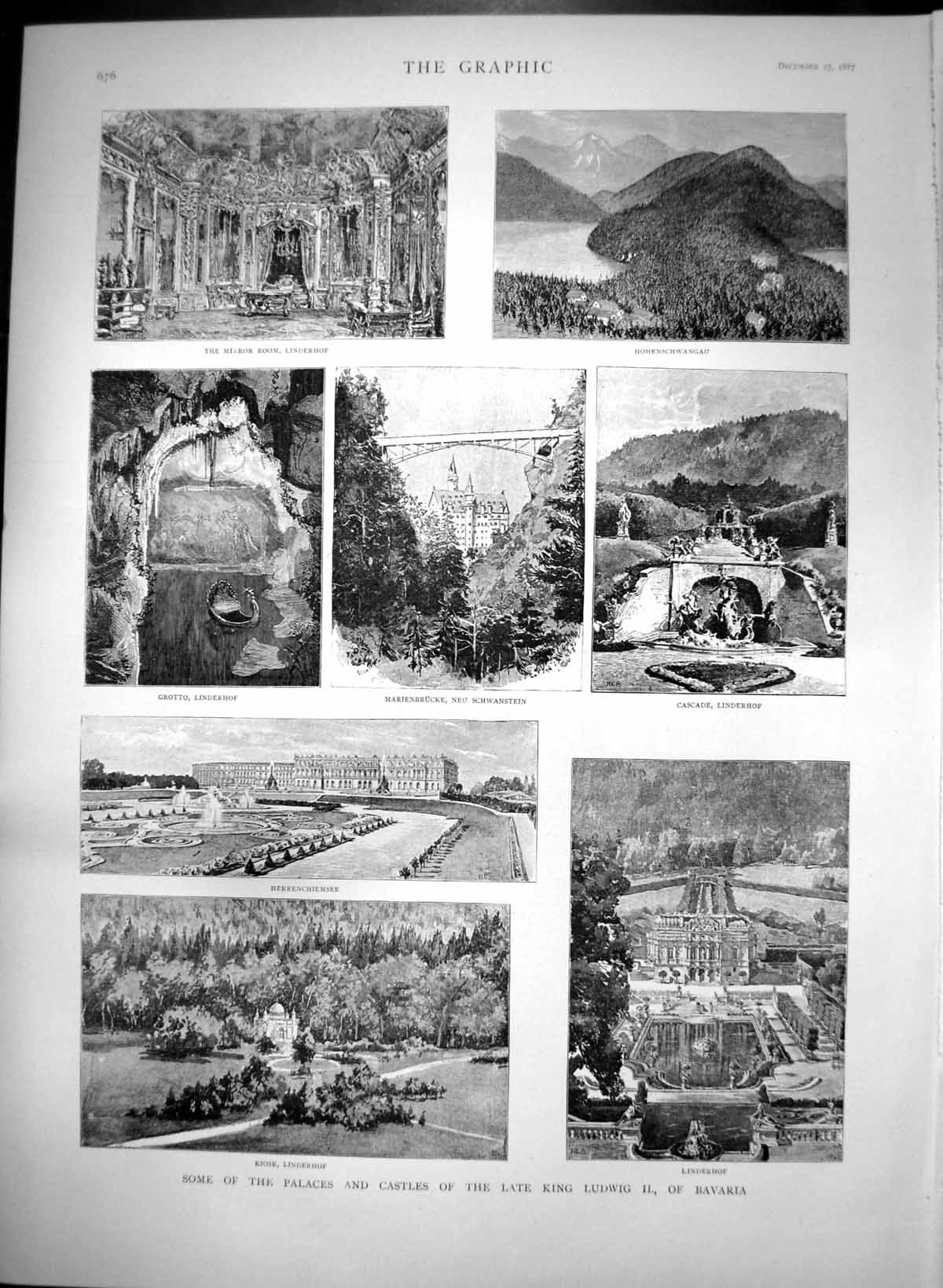 Antique Print Palaces Castles King Ludwig Bavaria LinderhKiosk Cascade 1887