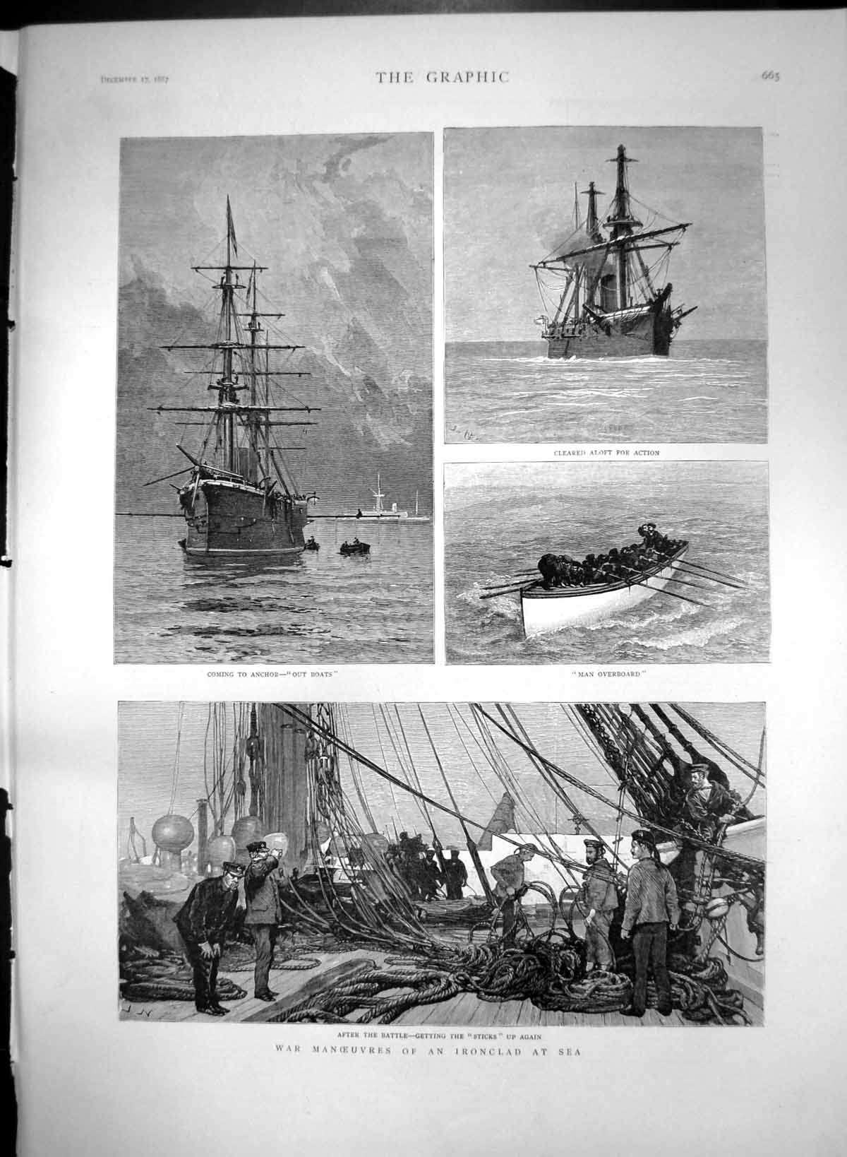 Old Antique Print Manoeuvres Ironclad Sea Coming Anchor After Battle 1887 19th