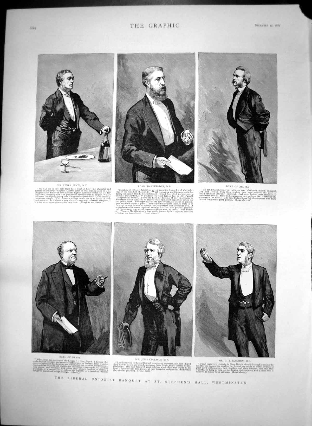 Antique Old Print Liberal Unionist Banquet St Stephens Hall Westminster 1887