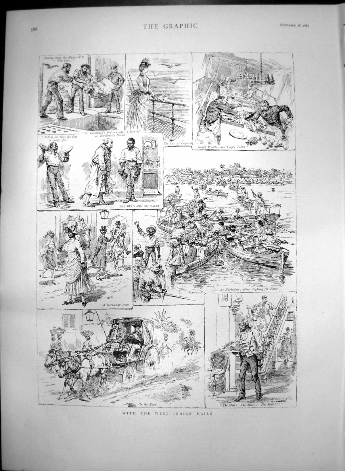 Antique Print West Indian Mails Rough Weather Barbados Barbadian Belle 1887