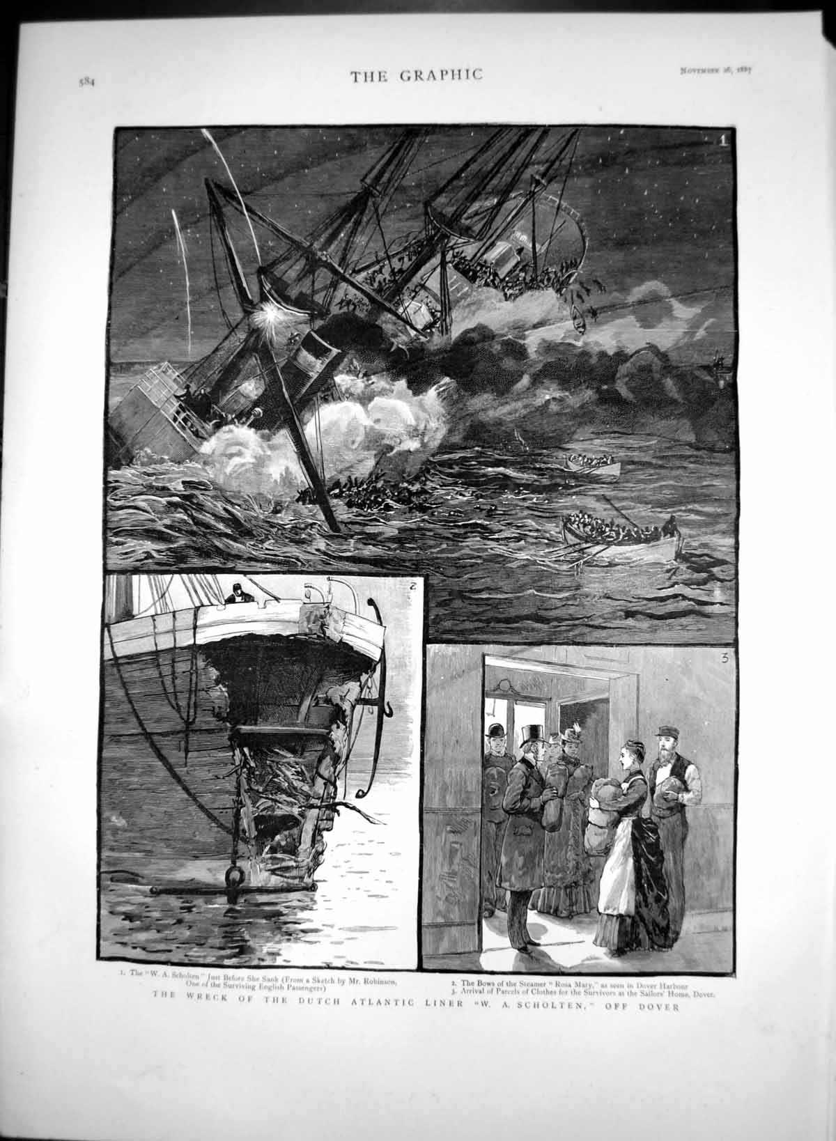Old Antique Print Wreck Dutch Atlantic Liner W A Scholten Off Dover 1887 19th