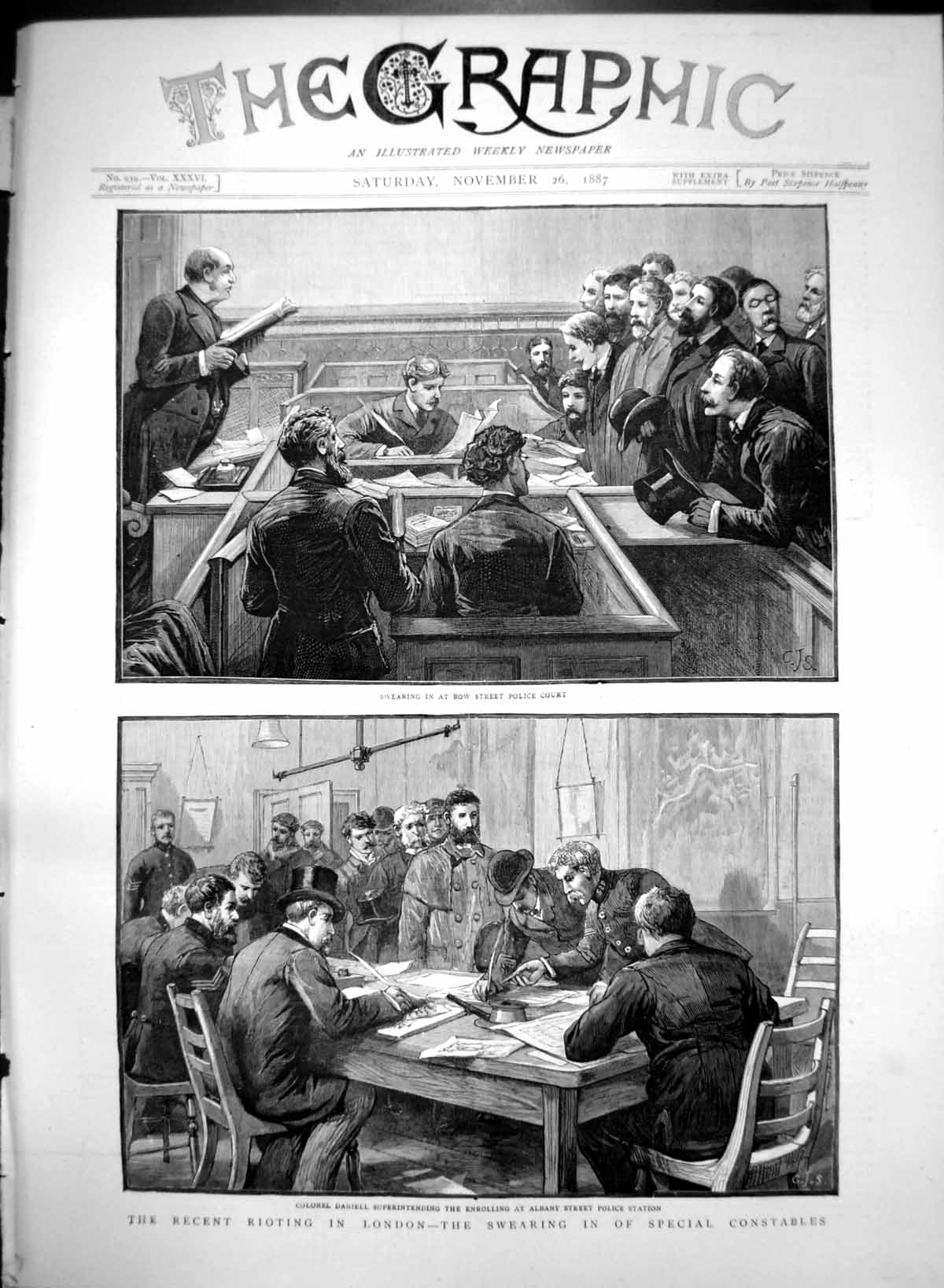Antique Old Print Recent Rioting London Swearing In Special Constables 1887