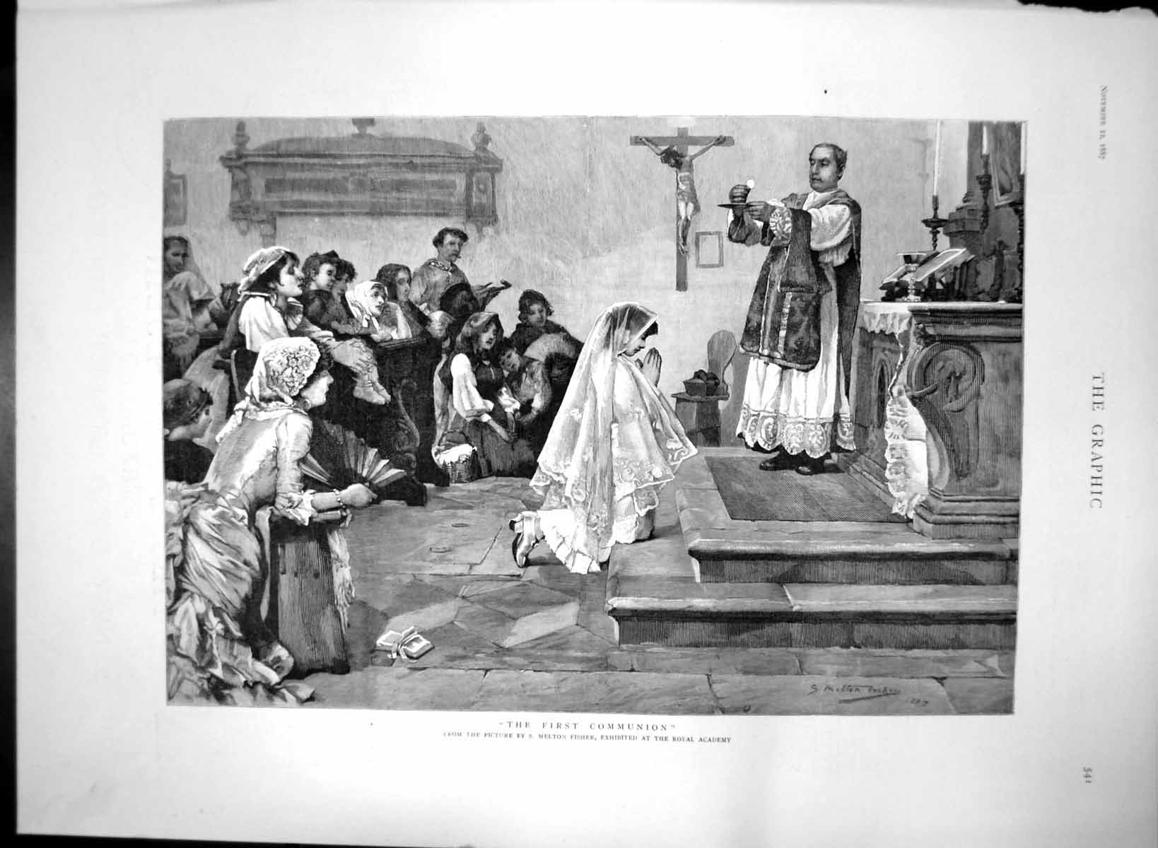 Original Old Antique Print First Communion S Melton Fisher Royal Academy 1887
