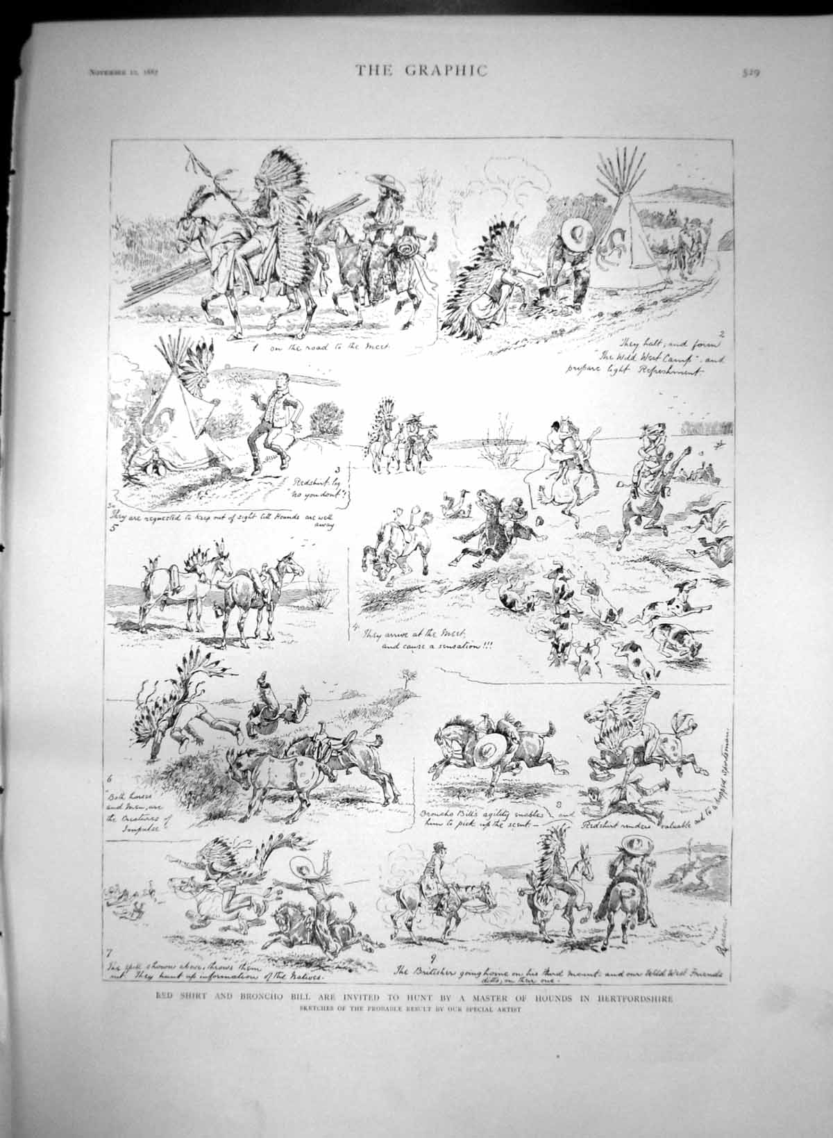 Antique Print Red Shirt Broncho Bill Hunt Master Hounds Hertfordshire 1887 19th
