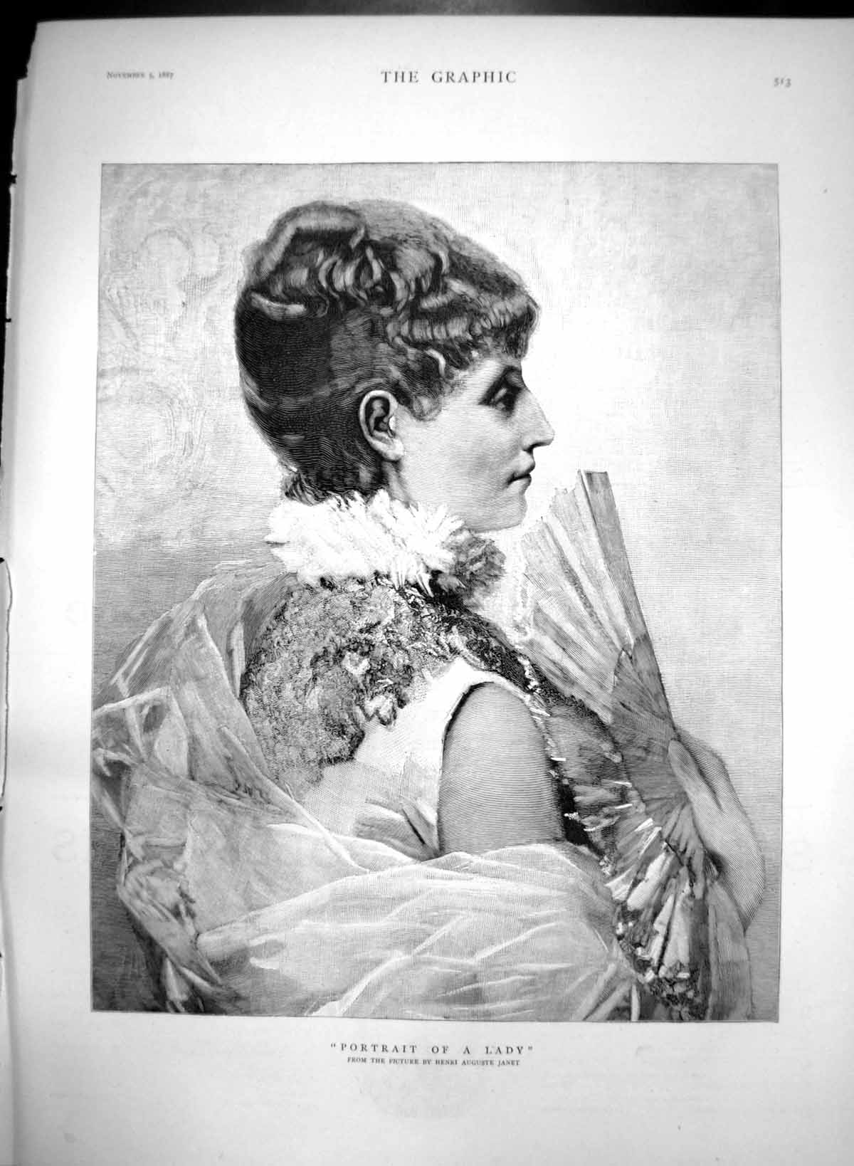 Original Old Antique Print Portrait Lady Henri Auguste Janet Lady Hing Fan 1887