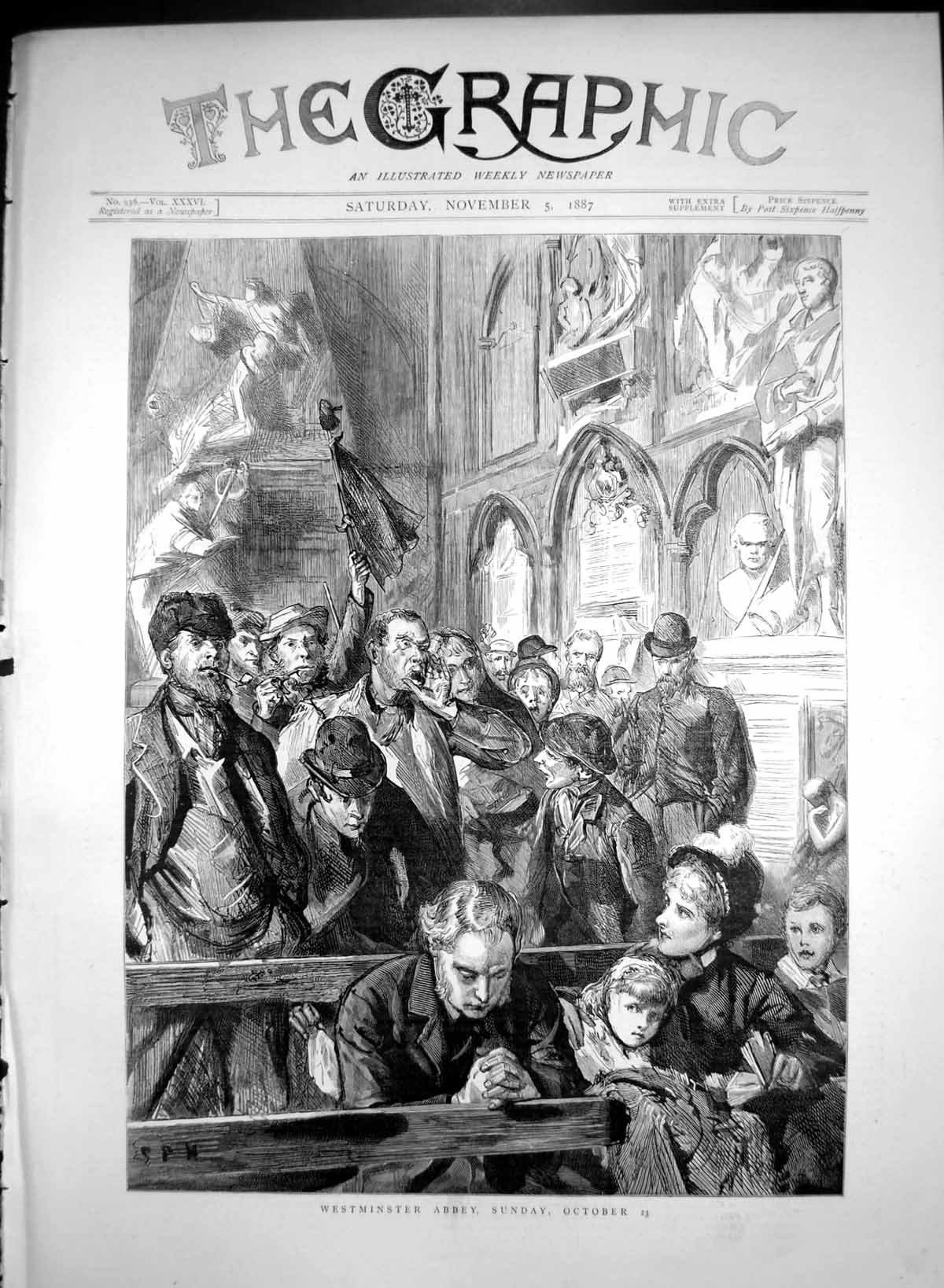 Old Antique Print Westminster Abbey Sunday Man Preying Reading Bible 1887 19th
