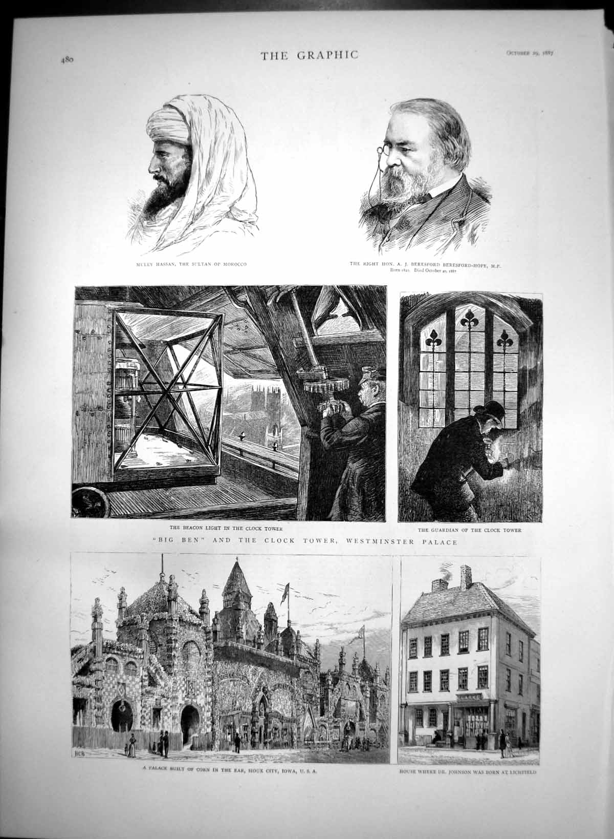 Old Print Big Ben Clock Tower Westminster House Lichfield Dr Johnson1887 19th