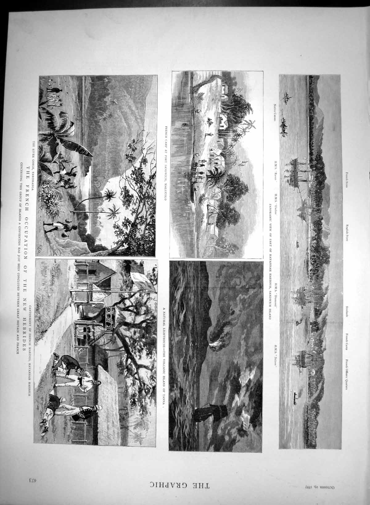 Original Old Antique Print French Occupation New Hebrides Havannah Harbour 1887