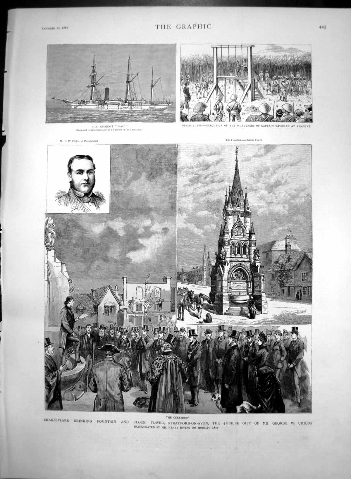 Old Antique Print Shakespeare Fountain Clock Tower Stratford On Avon 1887 19th