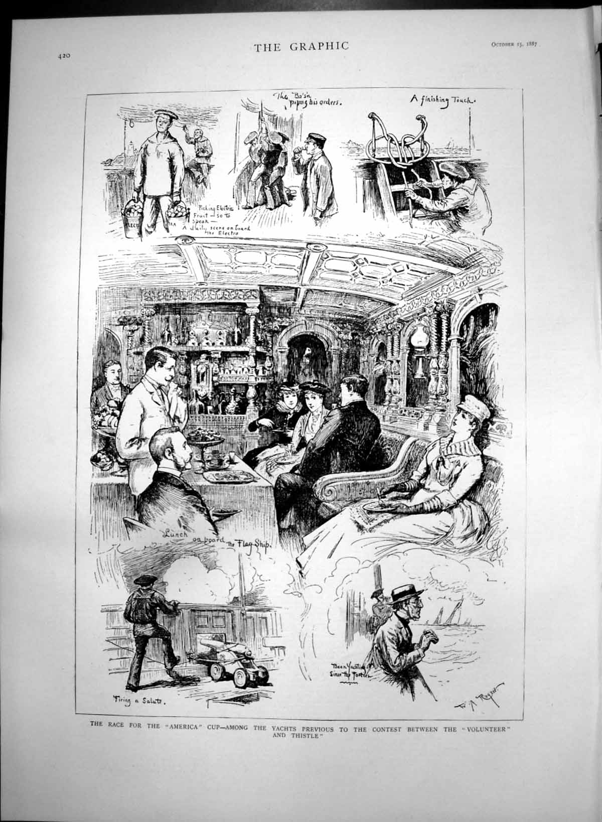 Old Print Race America Cup Yachts Volunteer Thistle Lunch Flag Ship 1887 19th
