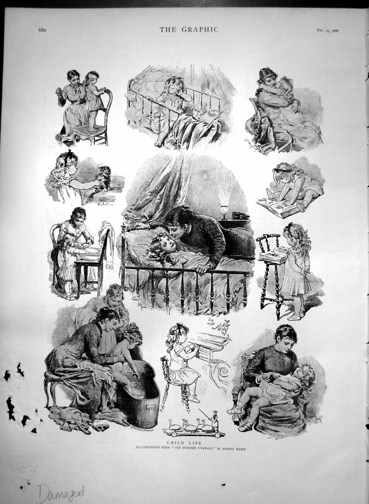 Antique Old Print Child Life Une Journee D'Enfant Adrien Marie 1886 Damaged