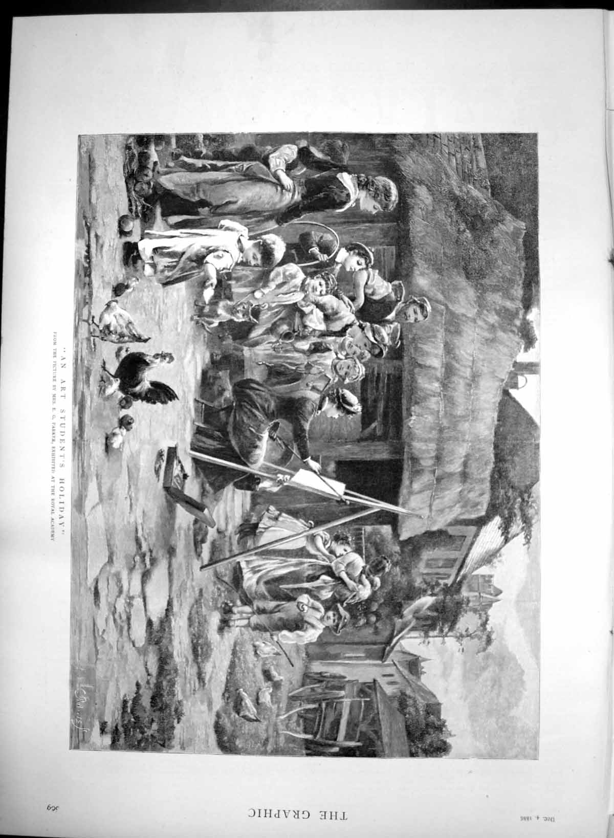 Antique Old Print Art Students Holiday E Parker Royal Academy Farmyard 1886