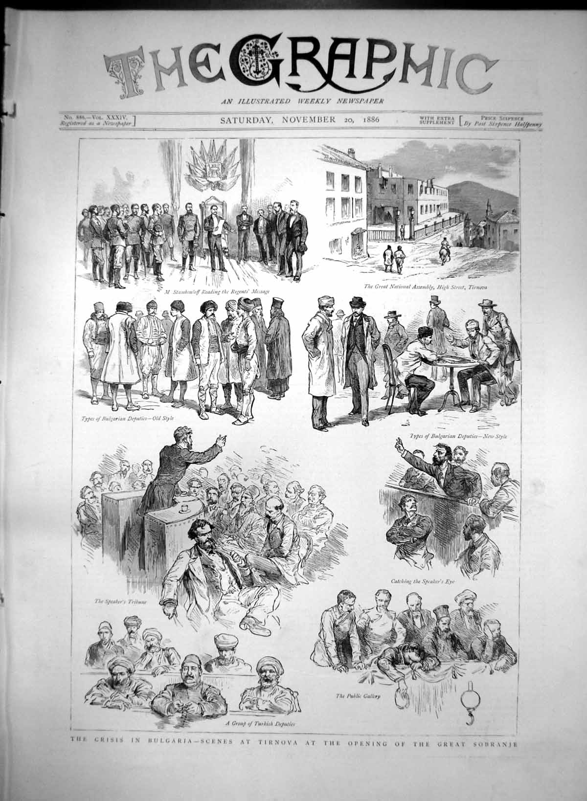 Original Old Antique Print Crisis Bulgaria Tirnova Opening Great Sobranje 1886