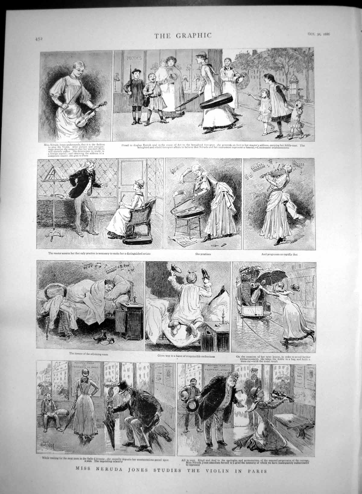 Old Antique Print Miss Neruda Jones Studies Violin Paris Practises 1886 19th