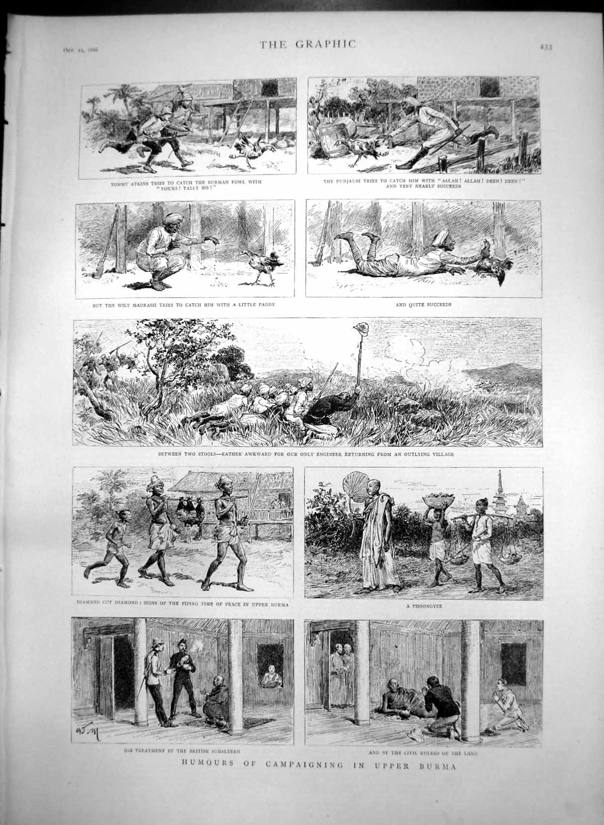 Antique Old Print Humours Campaigning Upper Burma Catch Fowl Phoongyee 1886
