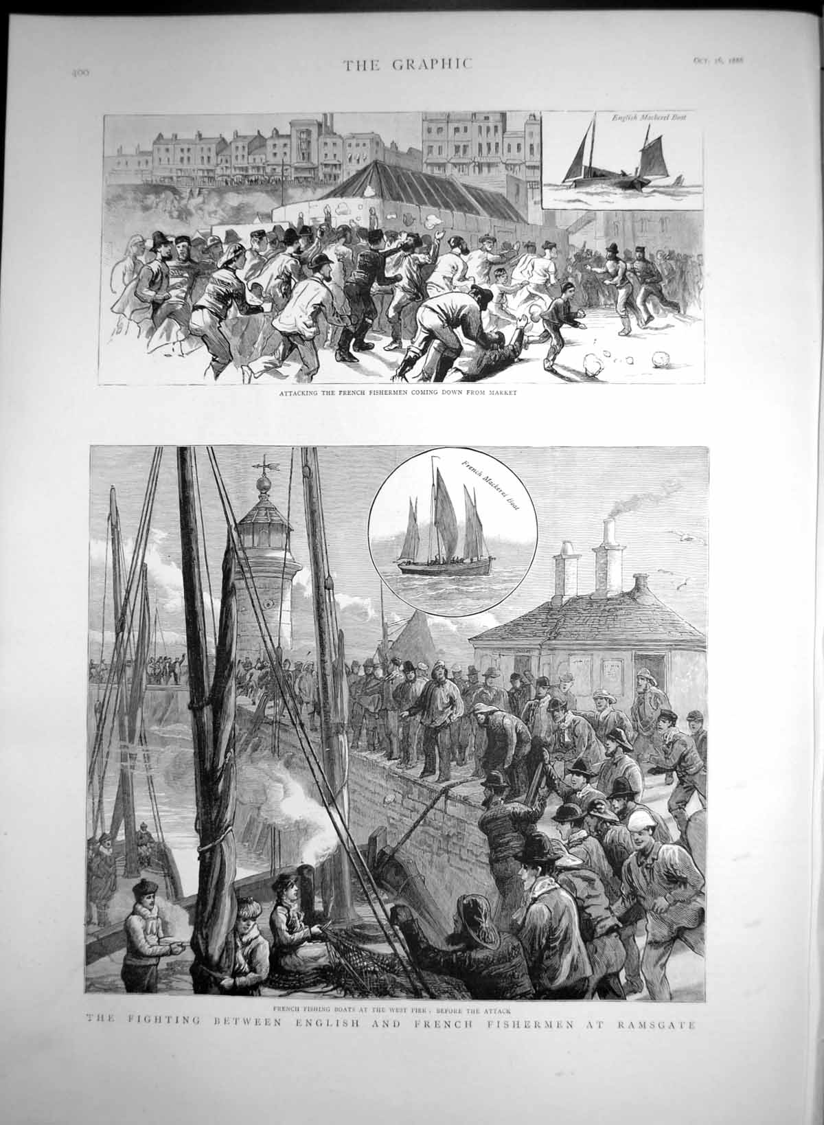 Old Antique Print Fighting Between English French Fishermen Ramsgate 1886 19th