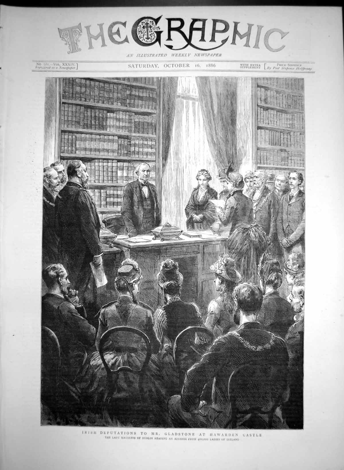 Original Old Antique Print Irish Deputations Mr Gladstone Hawarden Castle 1886