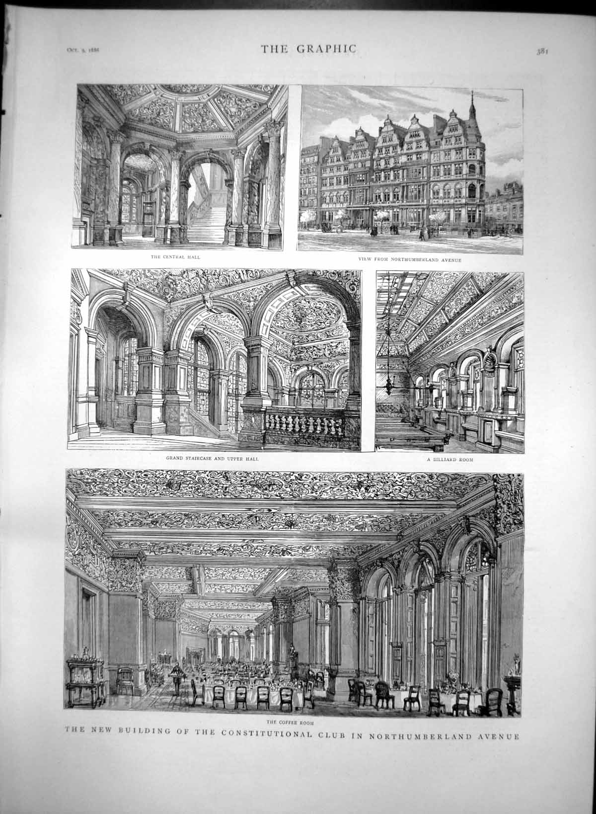 Antique Old Print New Building Constitutional Club Northumberland Avenue 1886
