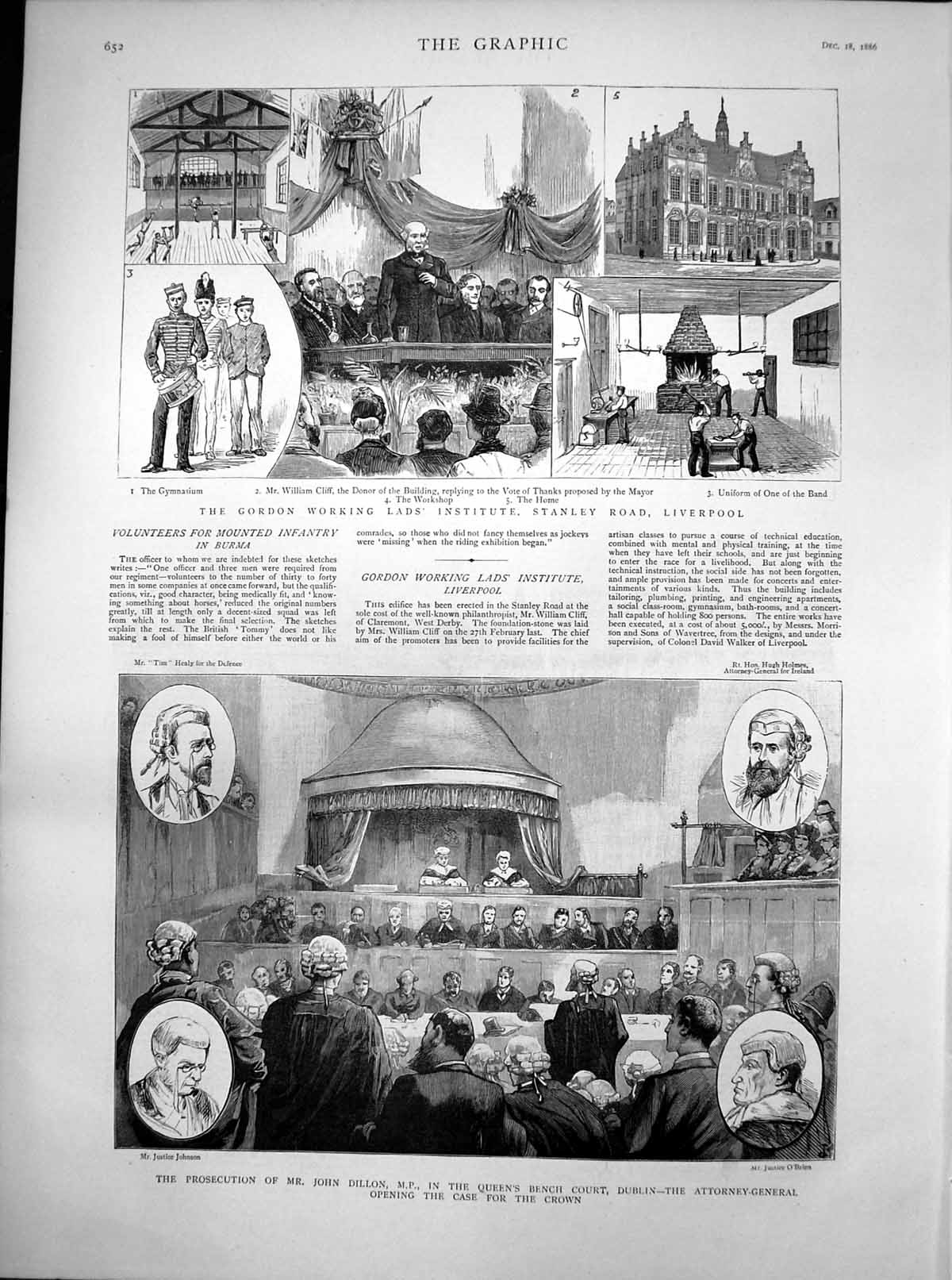 Antique Old Print Gordon Working Lads Institute Prosecution John Dillon 1886