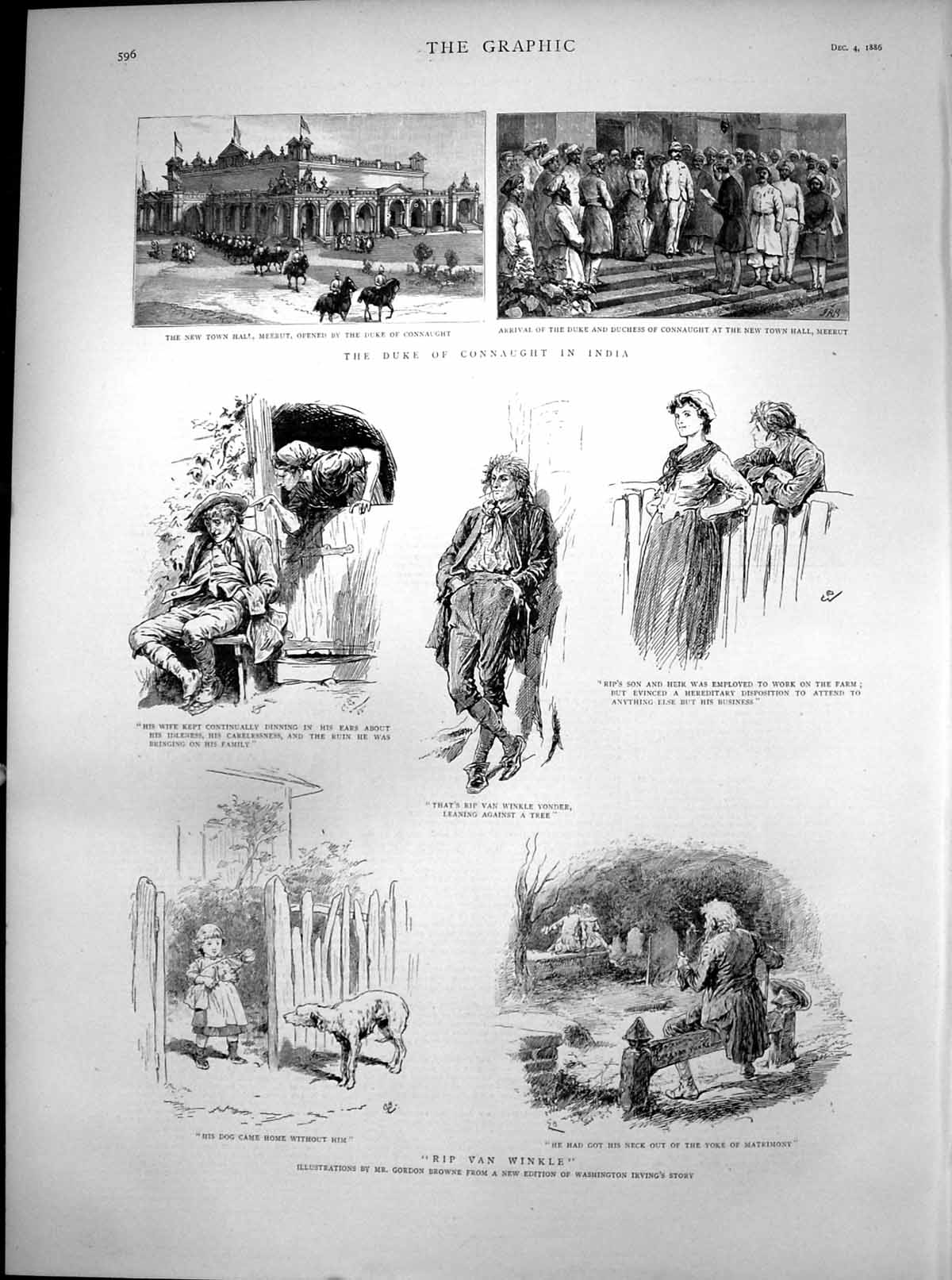 Antique Old Print Duke Connaught India Town Hall Meerut Rip Van Winkle 1886