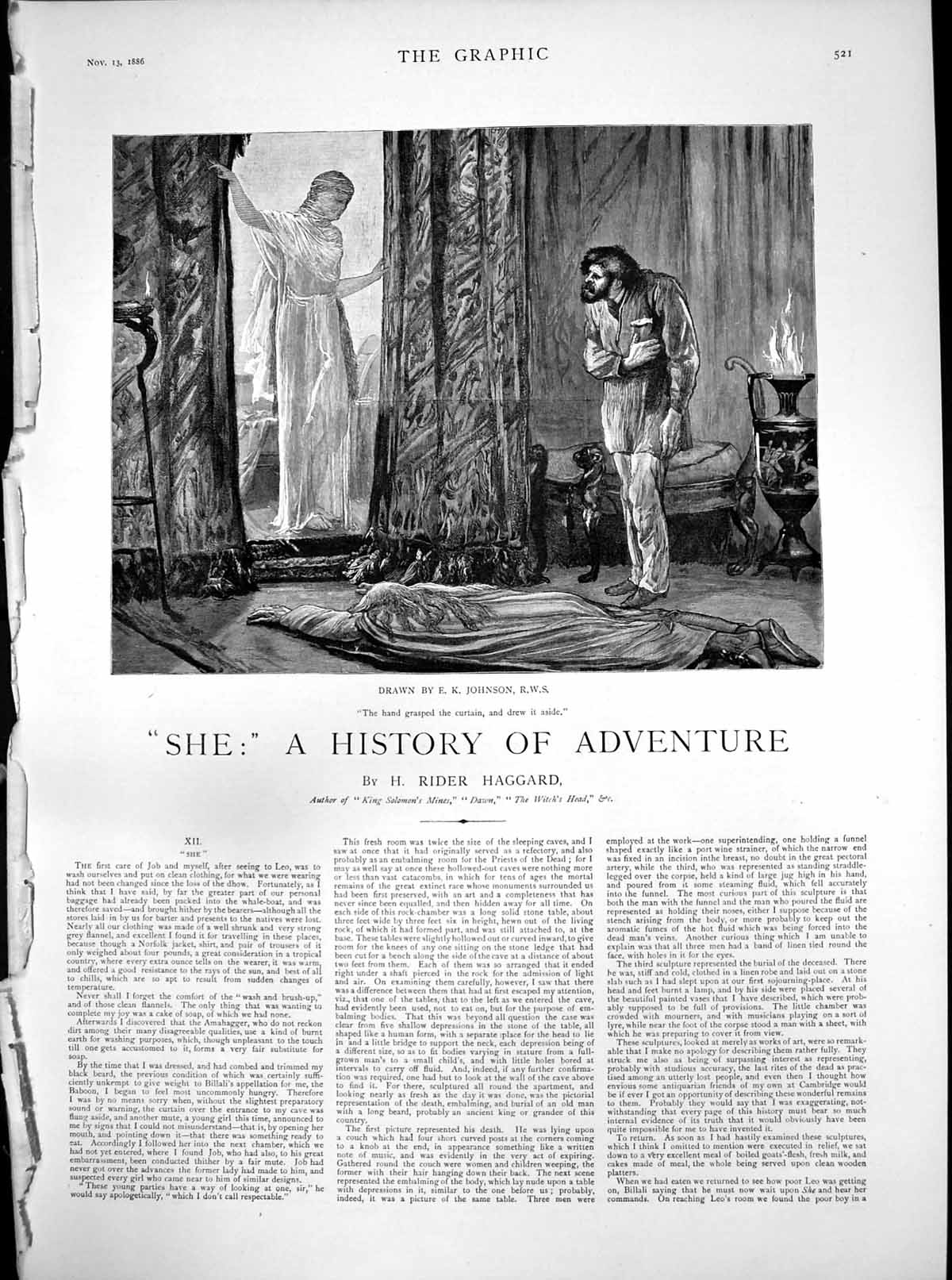 Antique Old Print She History Adventure Hand Grasped Curtain Lady Floor 1886