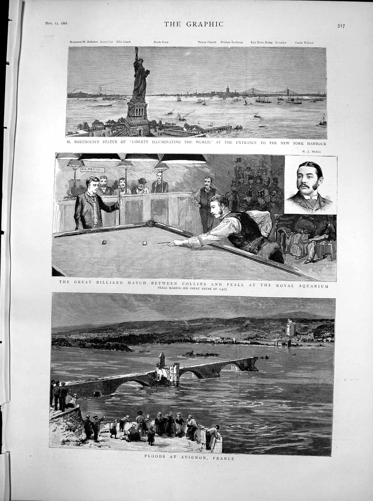 Antique Old Print Billiards Collins Peall Aquarium Floods Avignon France 1886