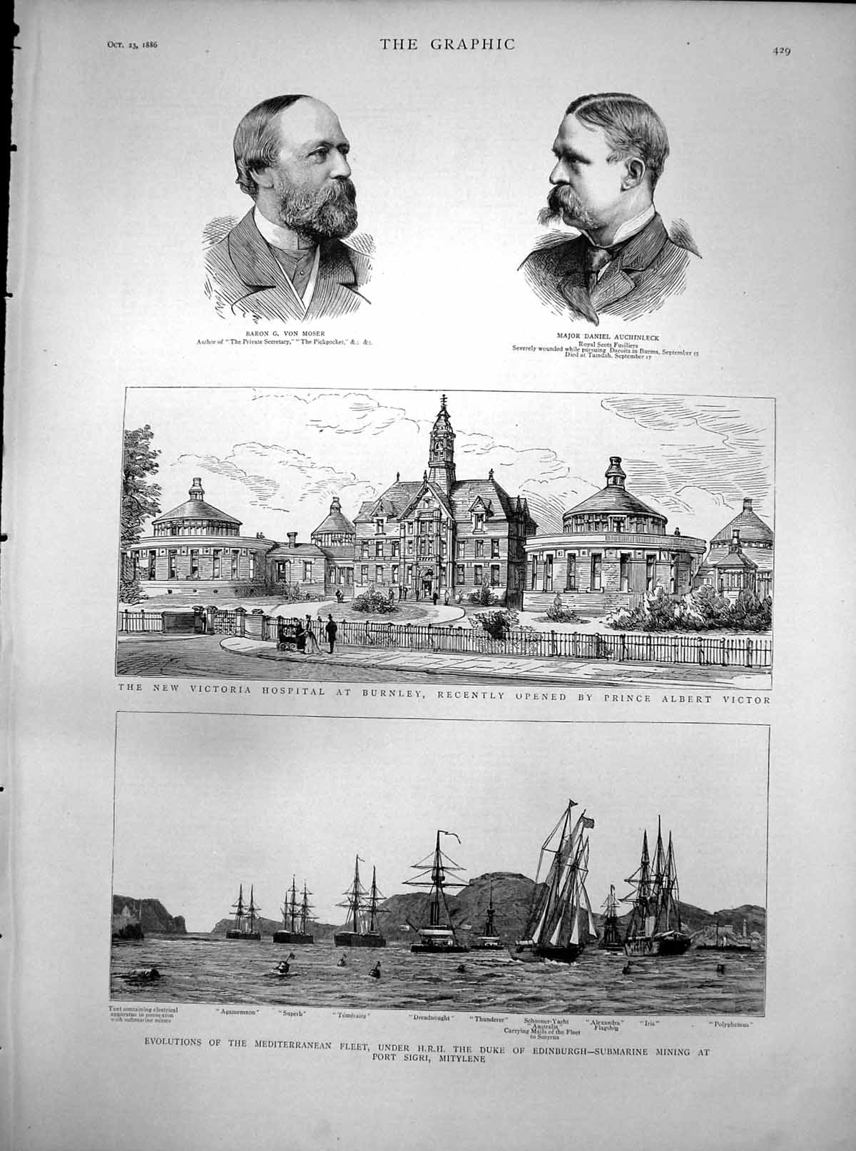 Antique Old Print Victoria Hospital Burnley Submarine Mining Mitylene 1886 19th