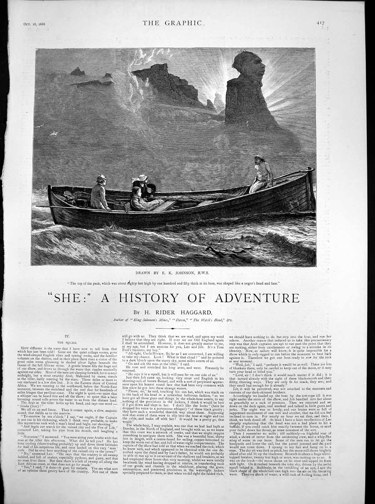Old Print She History Adventure Squall People Boat Rock Shaped Face 1886 19th