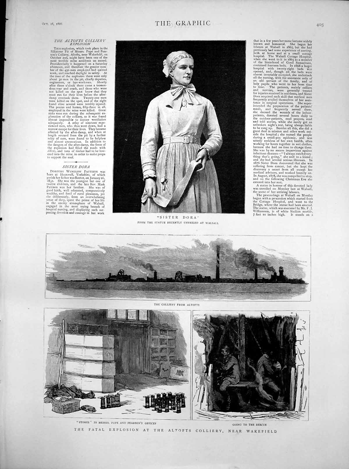 Antique Print Sister Dora Statue Walsall Explosion Colliery Wakefield 1886 19th