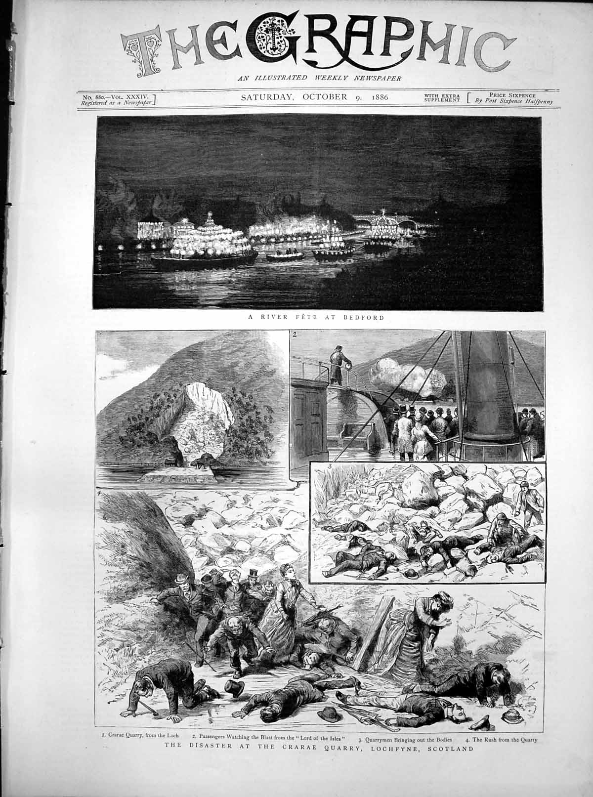 Old Antique Print River Fete Bedford Disaster Crarae Quarry Lochfyne 1886 19th